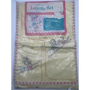 Vintage Baby’s Layette Set Wonder Art Yellow Embroidered 4 Piece Train Bear Mice